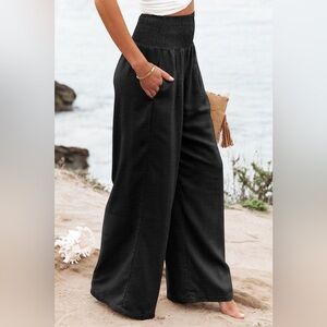 Black Shirred High Waist Plus Size Wide Leg Pants‎
